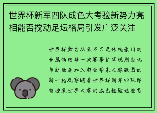 世界杯新军四队成色大考验新势力亮相能否搅动足坛格局引发广泛关注